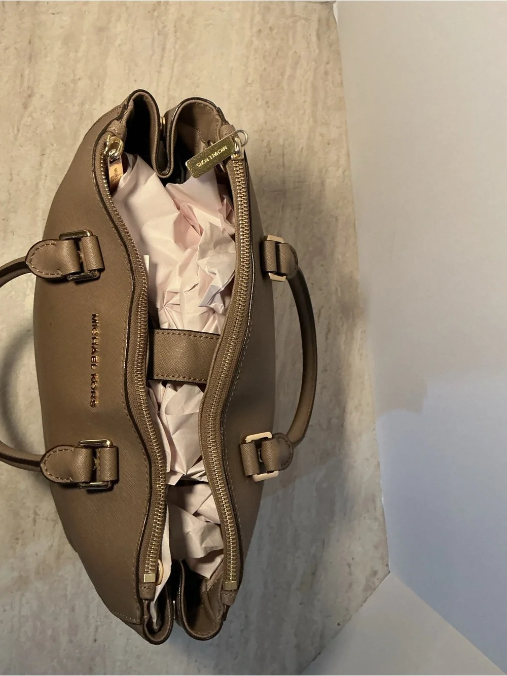 Michael Kors Taupe Saffiano Leather Tote with Gold Hardware